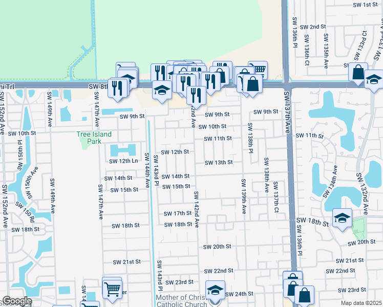 map of restaurants, bars, coffee shops, grocery stores, and more near 14236 Southwest 11th Terrace in Miami