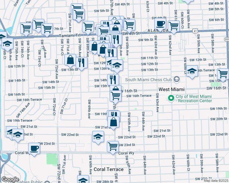 map of restaurants, bars, coffee shops, grocery stores, and more near SW 67th Ave & SW 16th St in West Miami