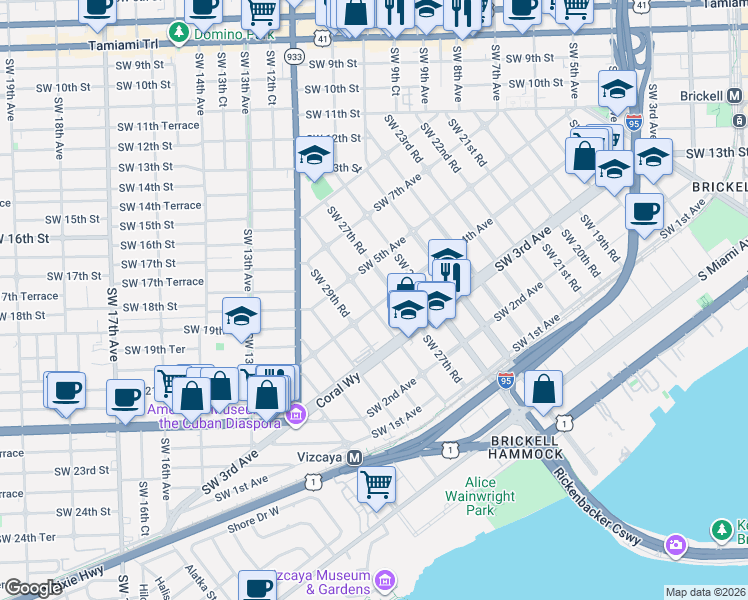 map of restaurants, bars, coffee shops, grocery stores, and more near 436 Southwest 27th Road in Miami
