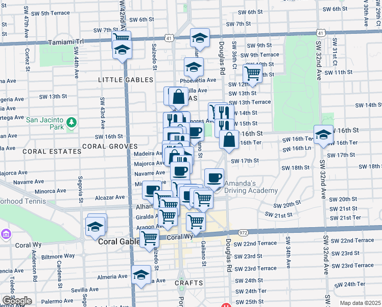 map of restaurants, bars, coffee shops, grocery stores, and more near 110 Zamora Avenue in Coral Gables