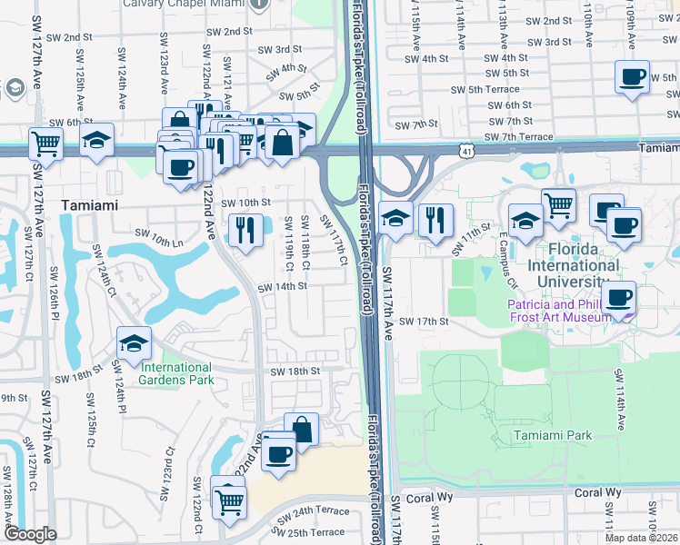 map of restaurants, bars, coffee shops, grocery stores, and more near 1202 Southwest 117th Court in Miami