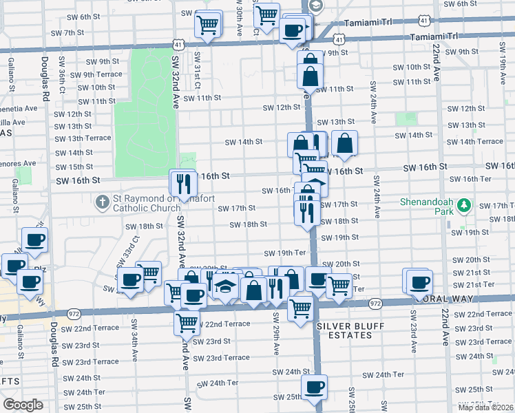 map of restaurants, bars, coffee shops, grocery stores, and more near 1627 Southwest 30th Avenue in Miami