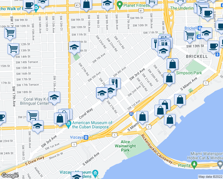 map of restaurants, bars, coffee shops, grocery stores, and more near 320 Southwest 25th Road in Miami