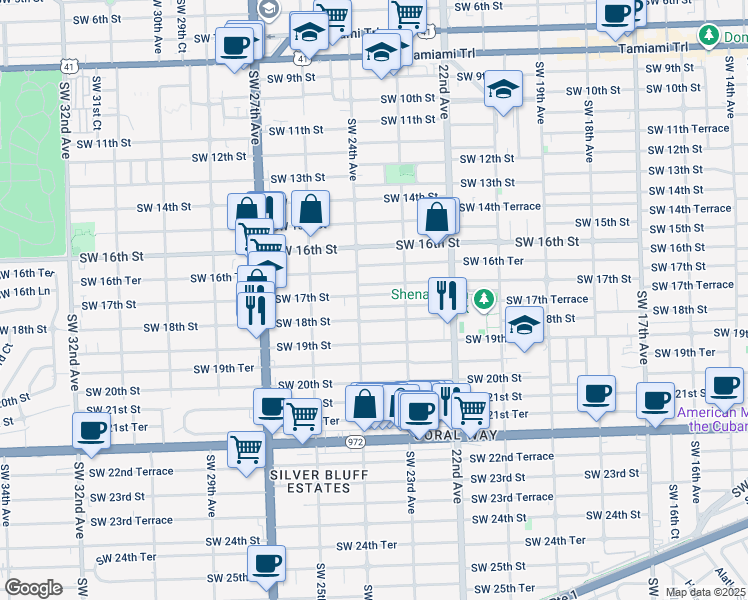 map of restaurants, bars, coffee shops, grocery stores, and more near 2340 Southwest 17th Street in Miami