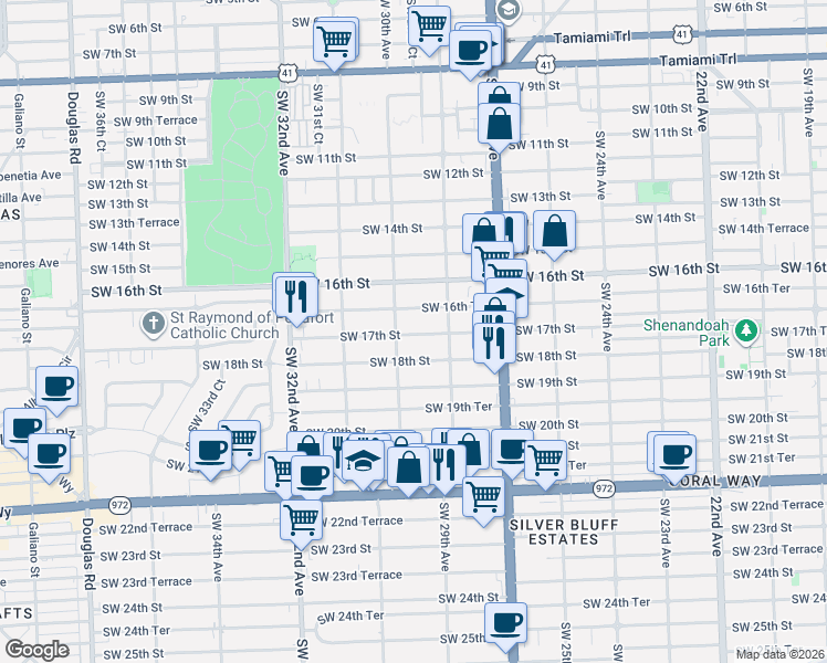 map of restaurants, bars, coffee shops, grocery stores, and more near 1627 Southwest 30th Avenue in Miami