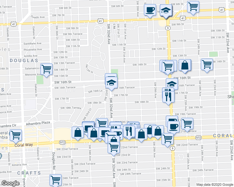 map of restaurants, bars, coffee shops, grocery stores, and more near 3142 Southwest 16th Terrace in Miami