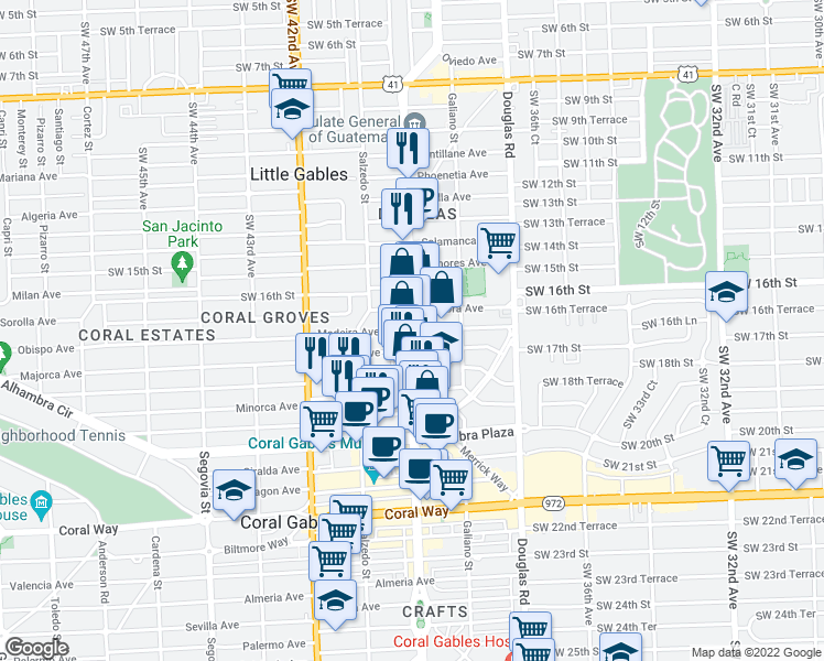 map of restaurants, bars, coffee shops, grocery stores, and more near 1805 Ponce de Leon Boulevard in Coral Gables