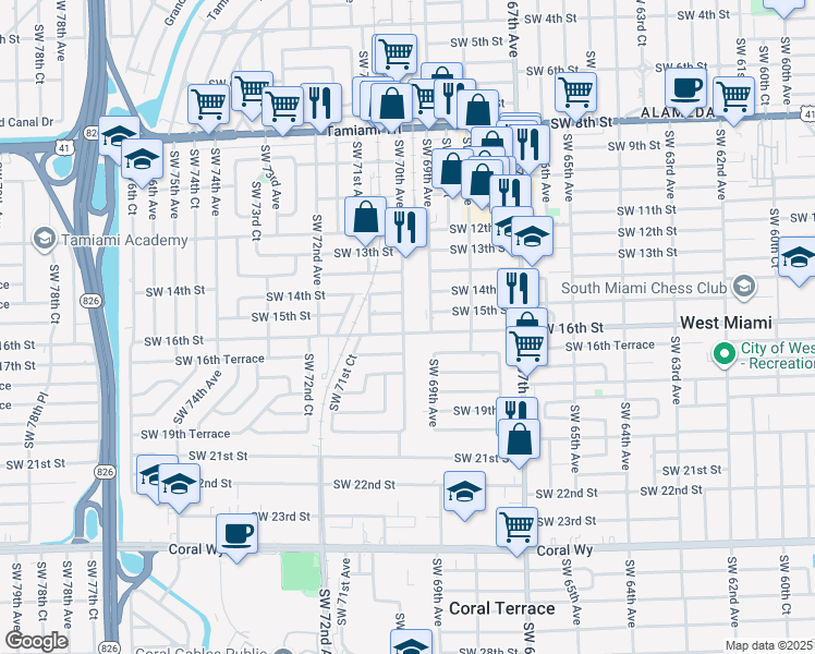 map of restaurants, bars, coffee shops, grocery stores, and more near 7001 Southwest 15th Street in Miami