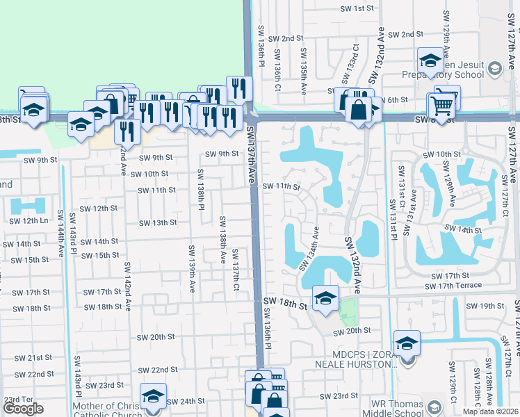 map of restaurants, bars, coffee shops, grocery stores, and more near 1114 Southwest 136th Place in Miami
