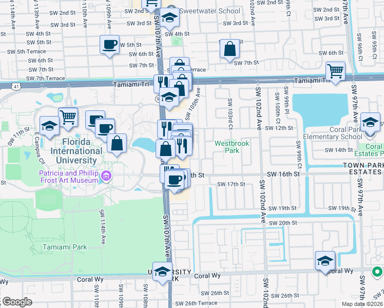 map of restaurants, bars, coffee shops, grocery stores, and more near 10495 Southwest 14th Terrace in Miami