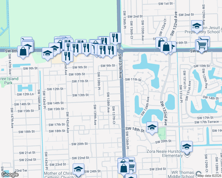 map of restaurants, bars, coffee shops, grocery stores, and more near 13727 Southwest 12th Street in Miami