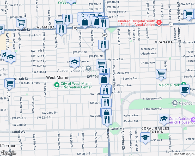 map of restaurants, bars, coffee shops, grocery stores, and more near Southwest 58th Avenue in Miami-Dade County