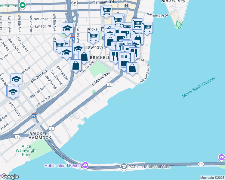 map of restaurants, bars, coffee shops, grocery stores, and more near 1617 U.S. 1 in Miami
