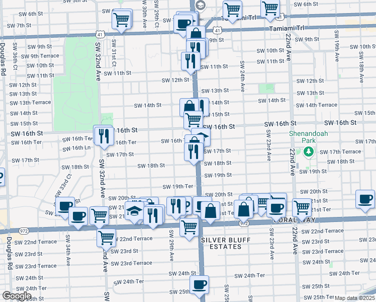 map of restaurants, bars, coffee shops, grocery stores, and more near 2752 Southwest 16th Terrace in Miami