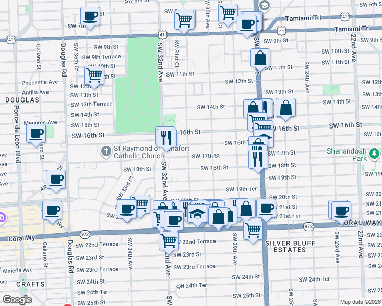 map of restaurants, bars, coffee shops, grocery stores, and more near 3070 Southwest 16th Terrace in Miami