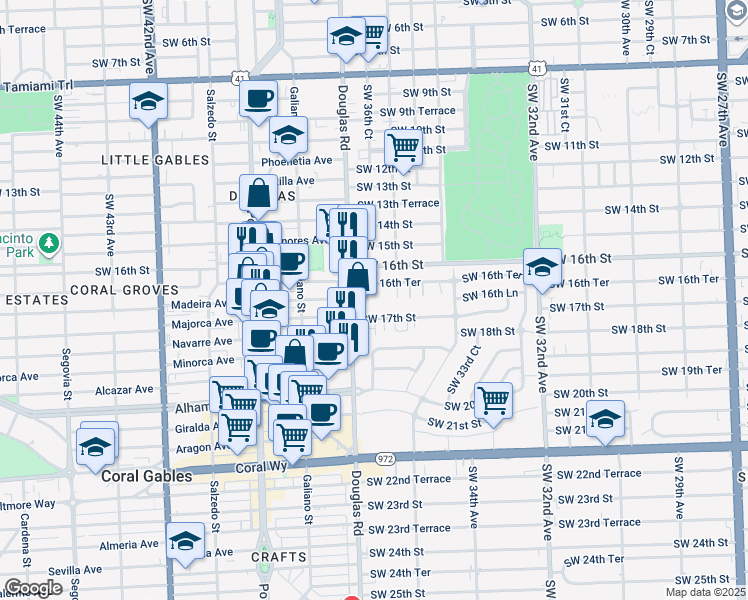 map of restaurants, bars, coffee shops, grocery stores, and more near 1627 Southwest 37th Avenue in Miami