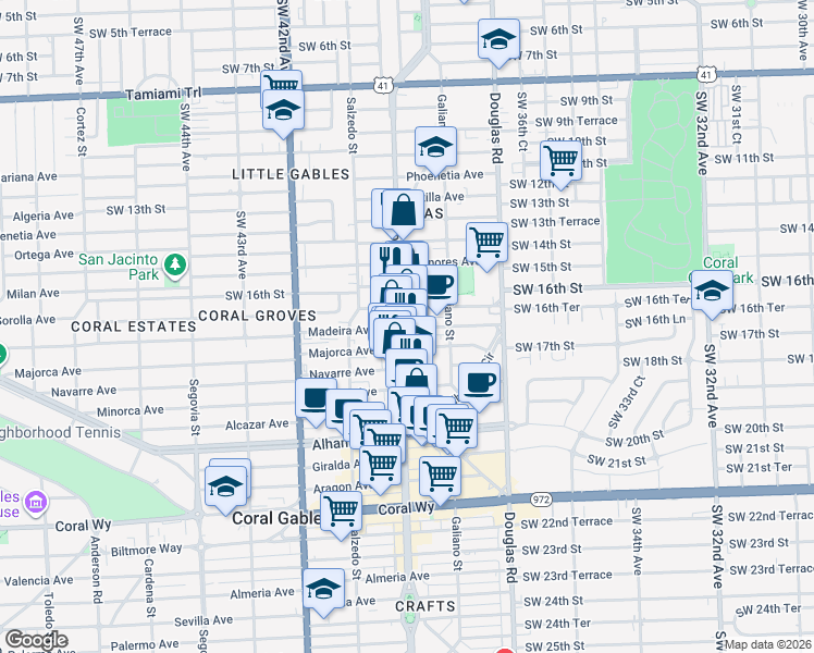 map of restaurants, bars, coffee shops, grocery stores, and more near 1704 Ponce de Leon in Coral Gables