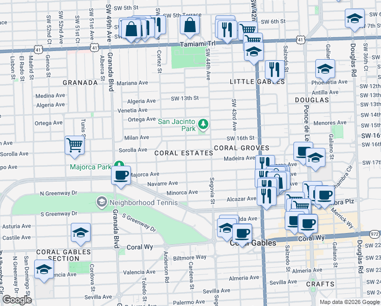 map of restaurants, bars, coffee shops, grocery stores, and more near 1604 Casilla Street in Coral Gables
