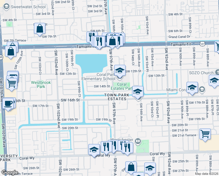 map of restaurants, bars, coffee shops, grocery stores, and more near 1330 Southwest 97th Avenue in Miami