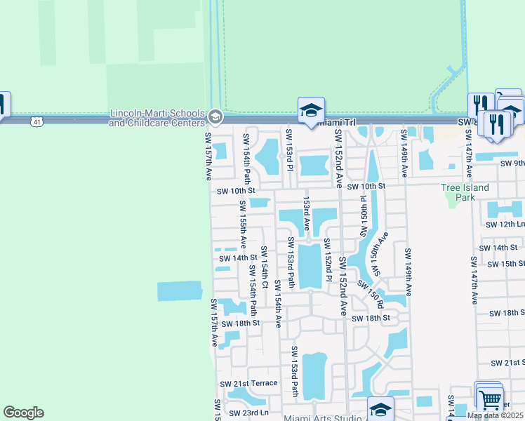 map of restaurants, bars, coffee shops, grocery stores, and more near 15431 Southwest 11th Terrace in Miami