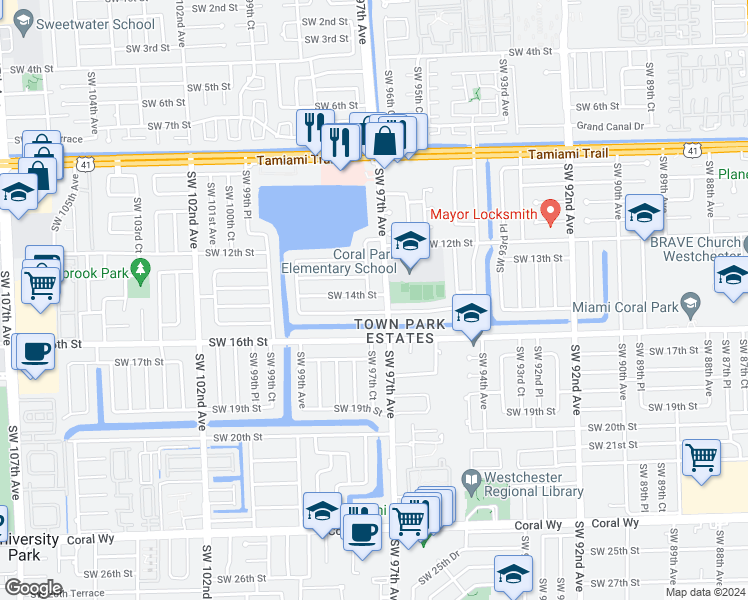 map of restaurants, bars, coffee shops, grocery stores, and more near 1330 Southwest 97th Avenue in Miami