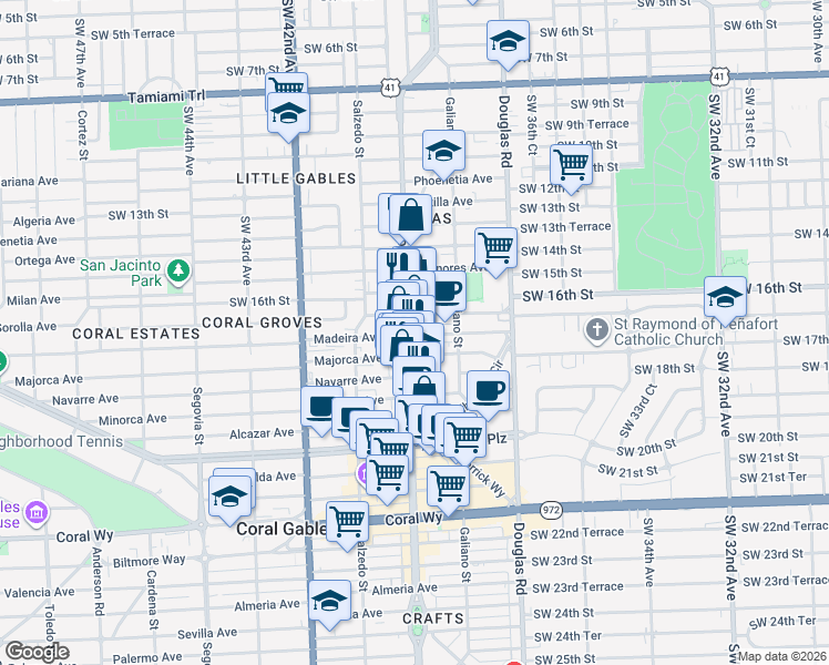 map of restaurants, bars, coffee shops, grocery stores, and more near 2525 Ponce de Leon Boulevard in Miami