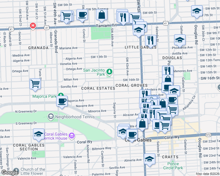 map of restaurants, bars, coffee shops, grocery stores, and more near 612 Zamora Avenue in Miami