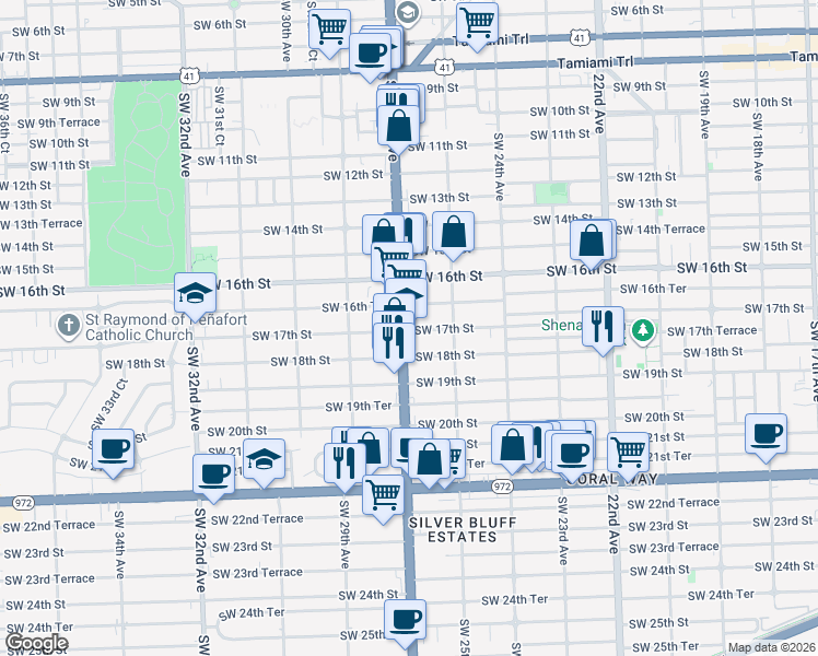 map of restaurants, bars, coffee shops, grocery stores, and more near 1669 Southwest 27th Avenue in Miami
