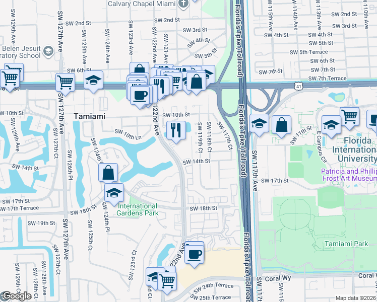 map of restaurants, bars, coffee shops, grocery stores, and more near 11922 Southwest 12th Terrace in Miami