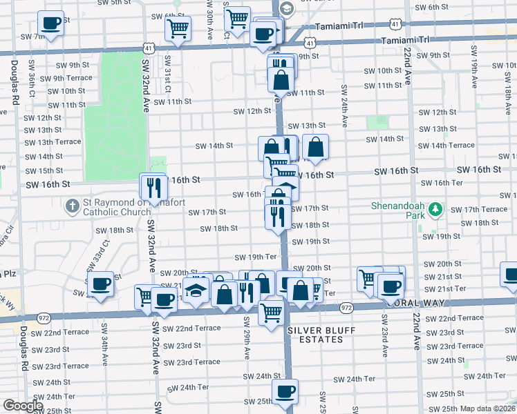 map of restaurants, bars, coffee shops, grocery stores, and more near 2752 Southwest 16th Terrace in Miami