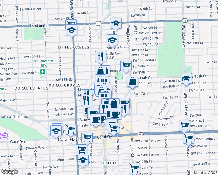 map of restaurants, bars, coffee shops, grocery stores, and more near 110 Zamora Avenue in Coral Gables