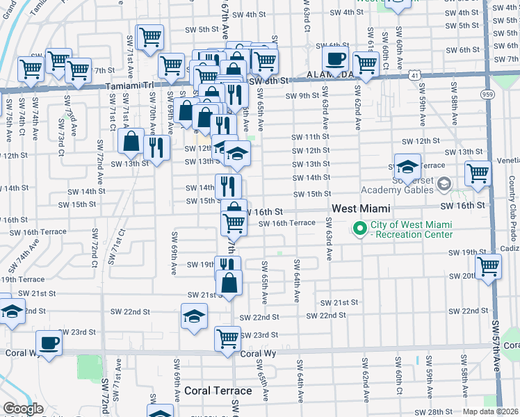 map of restaurants, bars, coffee shops, grocery stores, and more near 1517 Southwest 65th Place in West Miami
