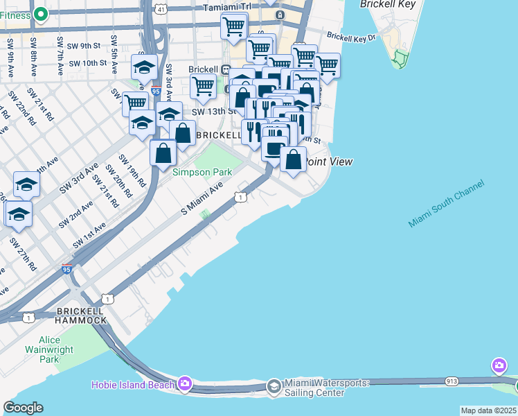 map of restaurants, bars, coffee shops, grocery stores, and more near 1581 Brickell Avenue in Miami