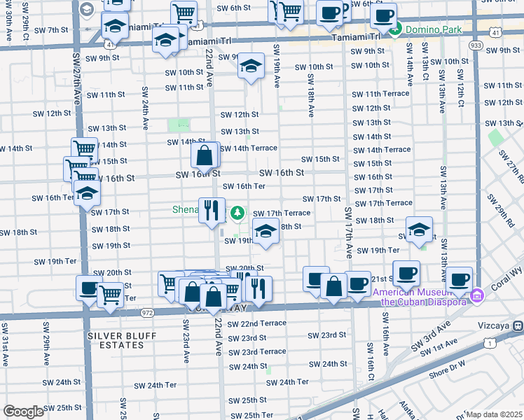 map of restaurants, bars, coffee shops, grocery stores, and more near 2000 Southwest 17th Street in Miami