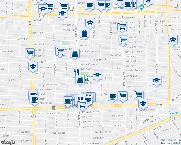 map of restaurants, bars, coffee shops, grocery stores, and more near 2000 Southwest 17th Street in Miami