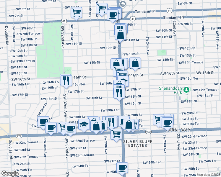 map of restaurants, bars, coffee shops, grocery stores, and more near 2752 Southwest 16th Terrace in Miami