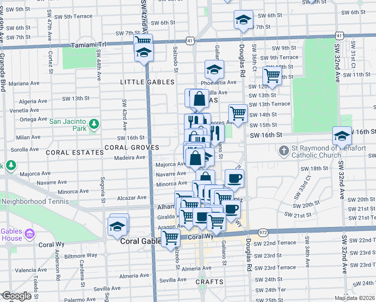 map of restaurants, bars, coffee shops, grocery stores, and more near 1704 Ponce de Leon in Coral Gables