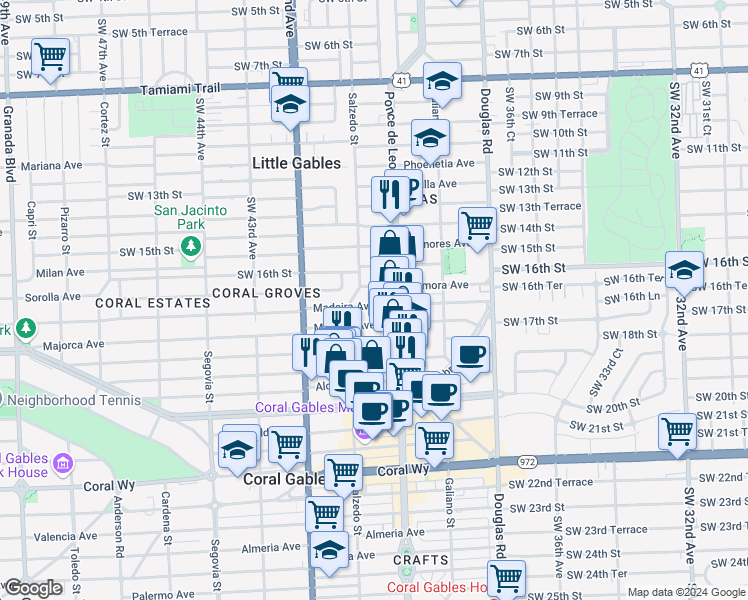 map of restaurants, bars, coffee shops, grocery stores, and more near 232 Zamora Avenue in Miami