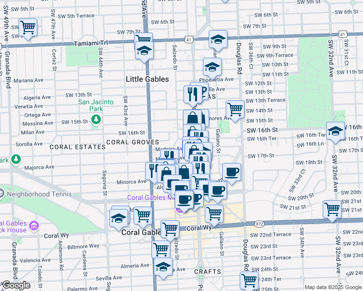 map of restaurants, bars, coffee shops, grocery stores, and more near 232 Zamora Avenue in Miami