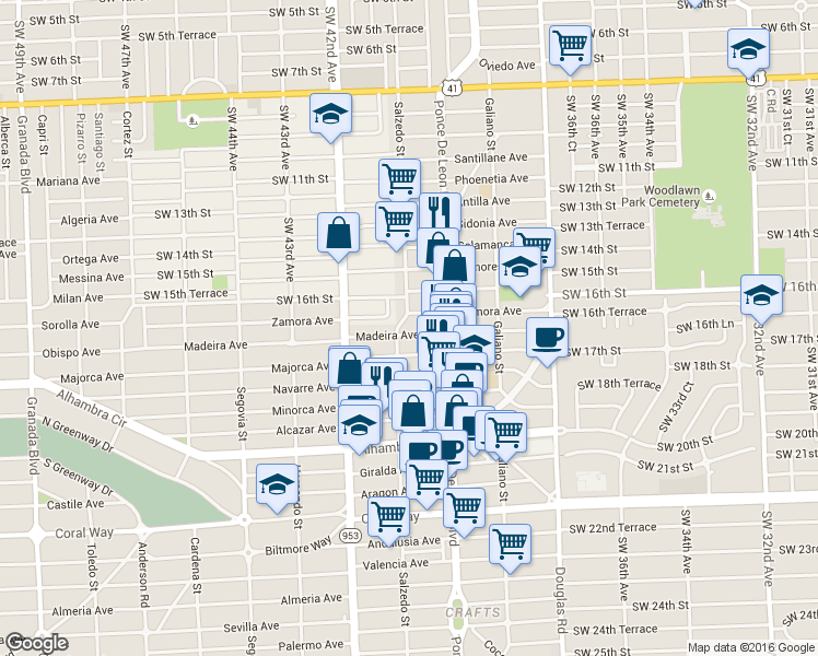 map of restaurants, bars, coffee shops, grocery stores, and more near 232 Zamora Avenue in Miami