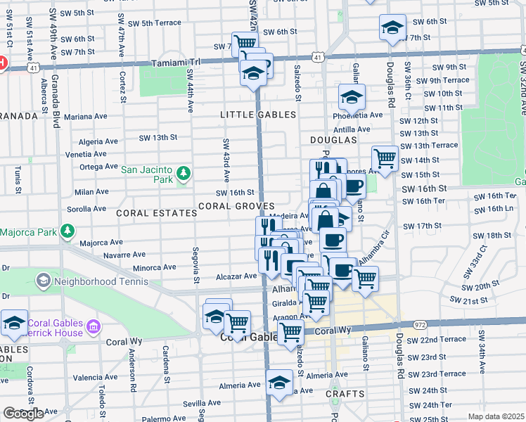 map of restaurants, bars, coffee shops, grocery stores, and more near 409 Zamora Avenue in Miami