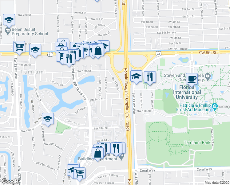 map of restaurants, bars, coffee shops, grocery stores, and more near 1202 Southwest 117th Court in Miami