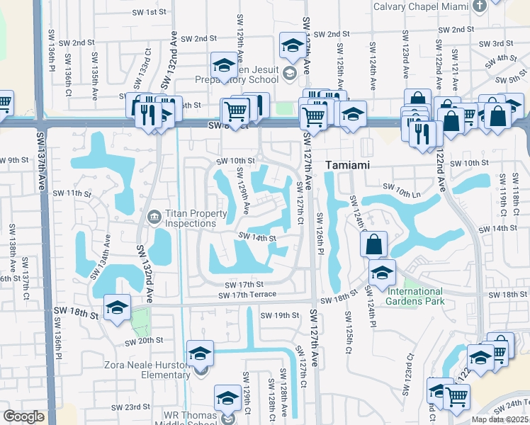 map of restaurants, bars, coffee shops, grocery stores, and more near 12811 Southwest 12th Terrace in Miami