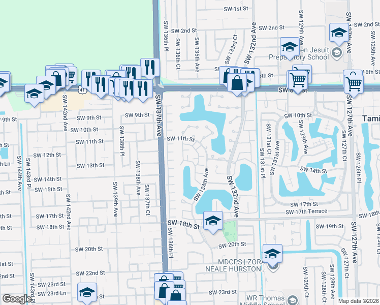 map of restaurants, bars, coffee shops, grocery stores, and more near 1190 Southwest 135th Place in Miami