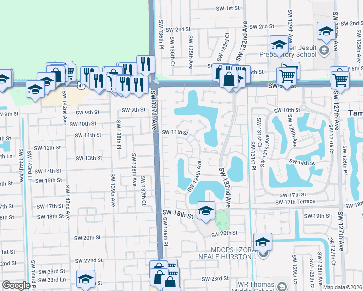 map of restaurants, bars, coffee shops, grocery stores, and more near 1190 Southwest 135th Place in Miami