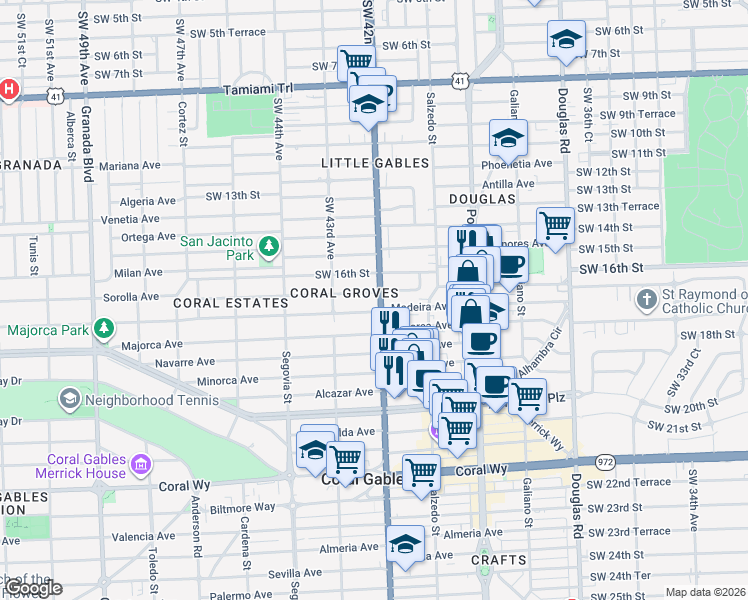 map of restaurants, bars, coffee shops, grocery stores, and more near 409 Zamora Avenue in Miami