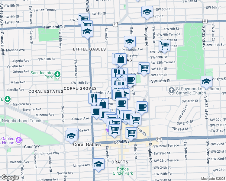 map of restaurants, bars, coffee shops, grocery stores, and more near 232 Zamora Avenue in Miami