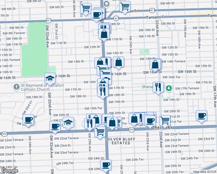 map of restaurants, bars, coffee shops, grocery stores, and more near 1669 Southwest 27th Avenue in Miami