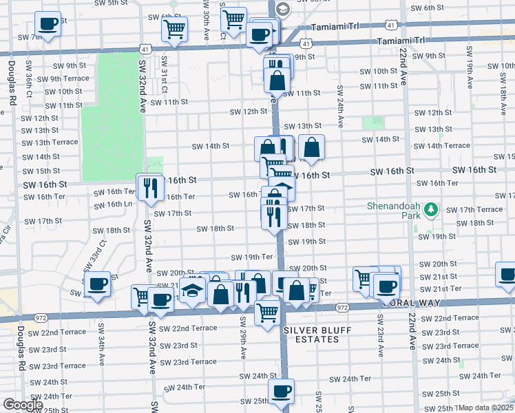 map of restaurants, bars, coffee shops, grocery stores, and more near 2801 Southwest 17th Street in Miami
