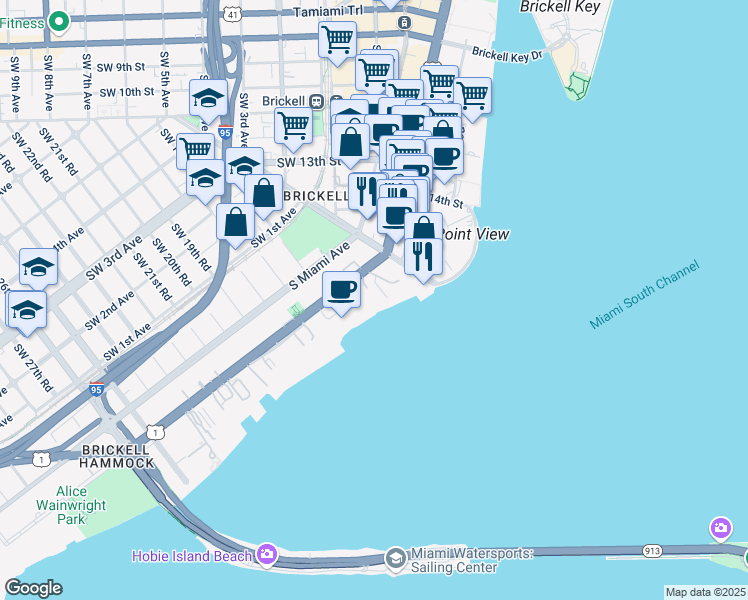 map of restaurants, bars, coffee shops, grocery stores, and more near 1581 Brickell Avenue in Miami